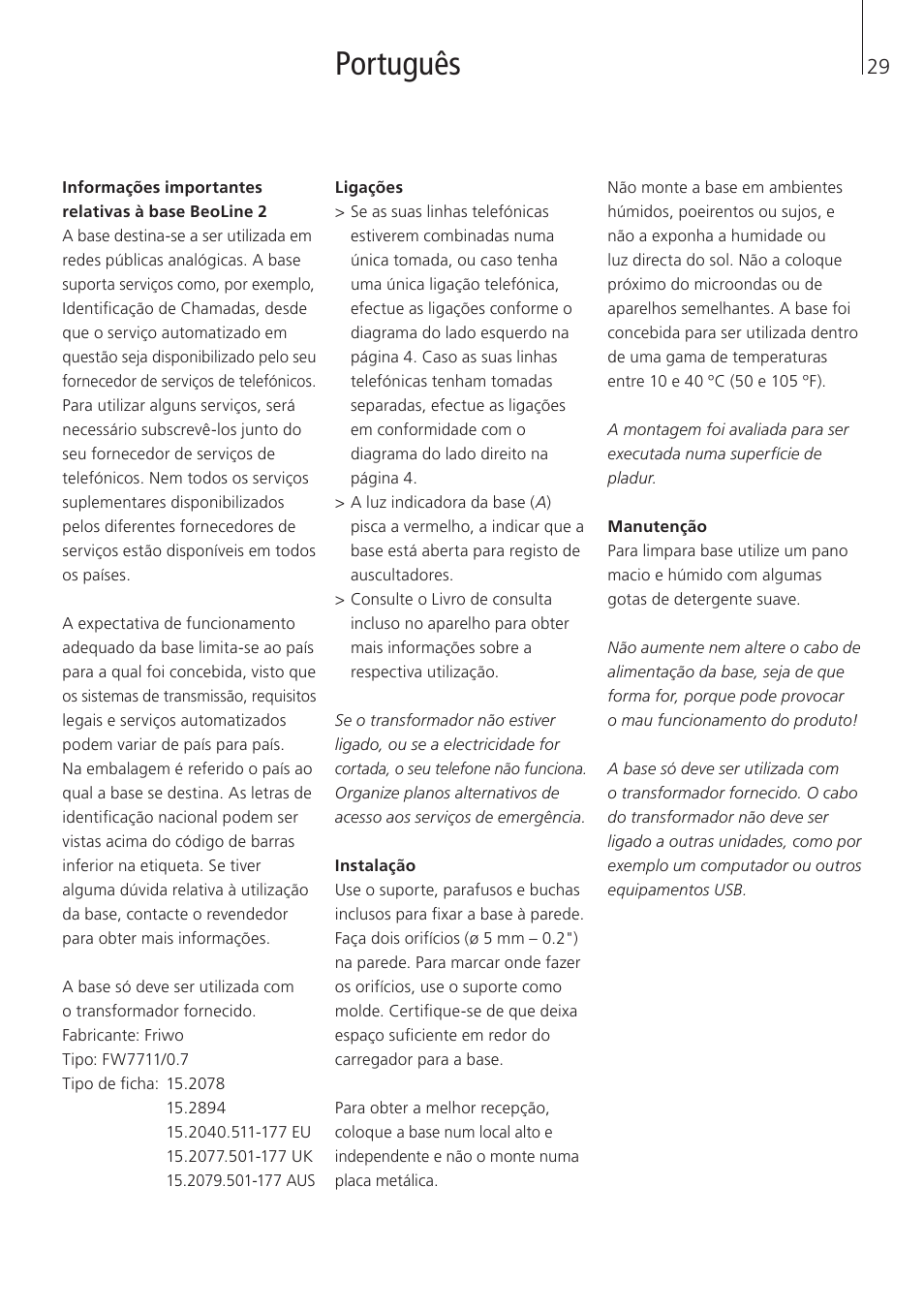 Português | Bang & Olufsen BeoLine 2 - User Guide User Manual | Page 29 / 56