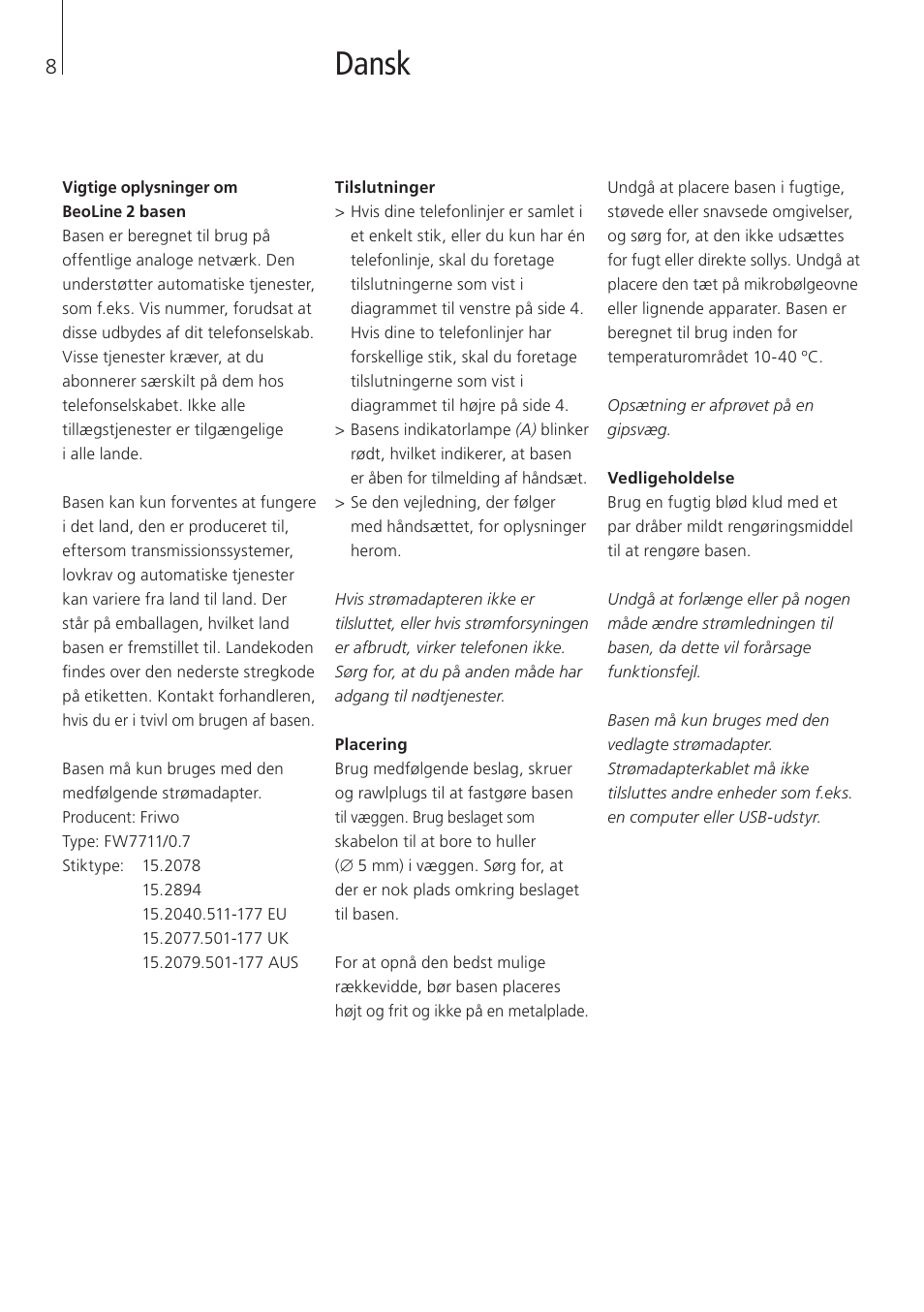 Dansk | Bang & Olufsen BeoLine 2 - User Guide User Manual | Page 8 / 56