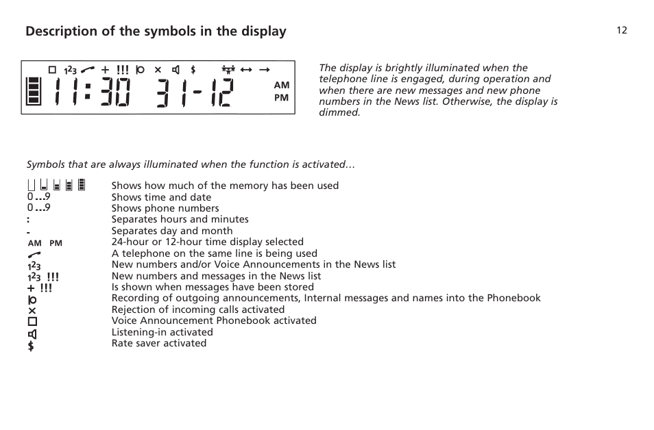 Description of the symbols in the display | Bang & Olufsen BeoTalk 1200 - User Guide User Manual | Page 13 / 44