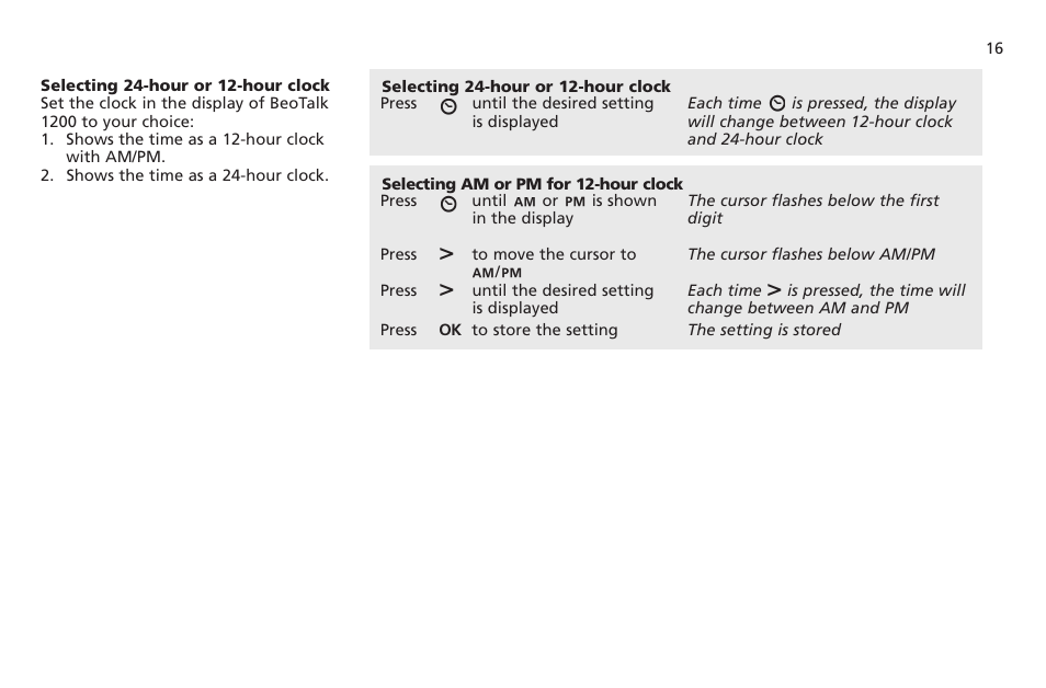 Selecting 24-hour or 12-hour clock | Bang & Olufsen BeoTalk 1200 - User Guide User Manual | Page 17 / 44