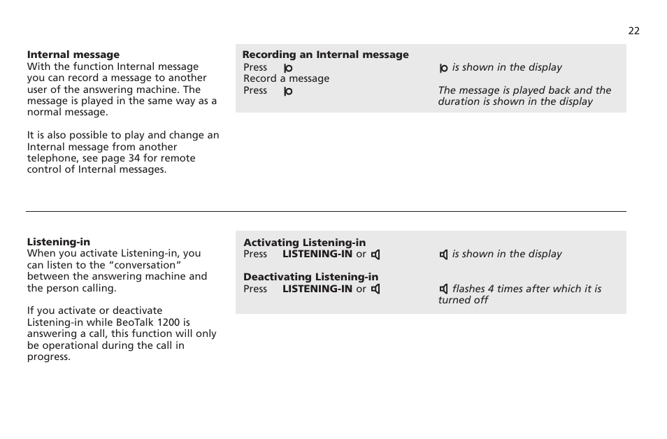 Internal message, Listening-in | Bang & Olufsen BeoTalk 1200 - User Guide User Manual | Page 23 / 44