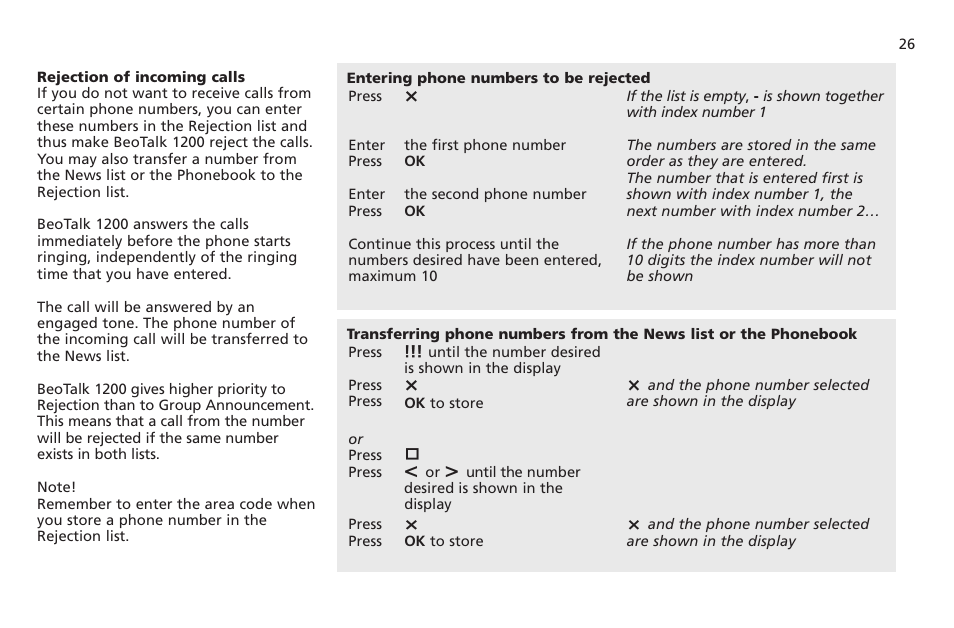 Rejection of incoming calls | Bang & Olufsen BeoTalk 1200 - User Guide User Manual | Page 27 / 44