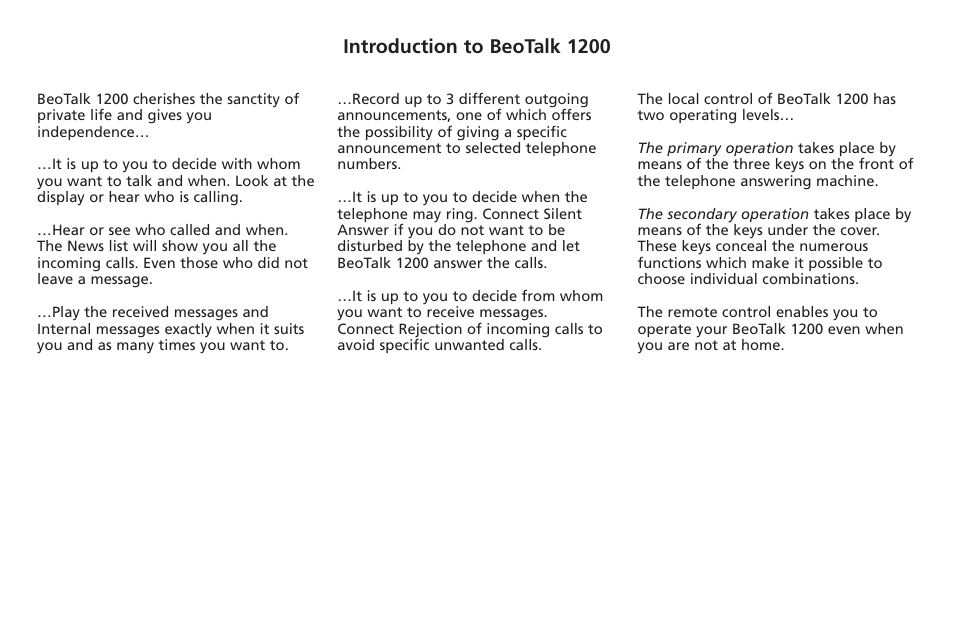 Introduction to beotalk 1200 | Bang & Olufsen BeoTalk 1200 - User Guide User Manual | Page 3 / 44