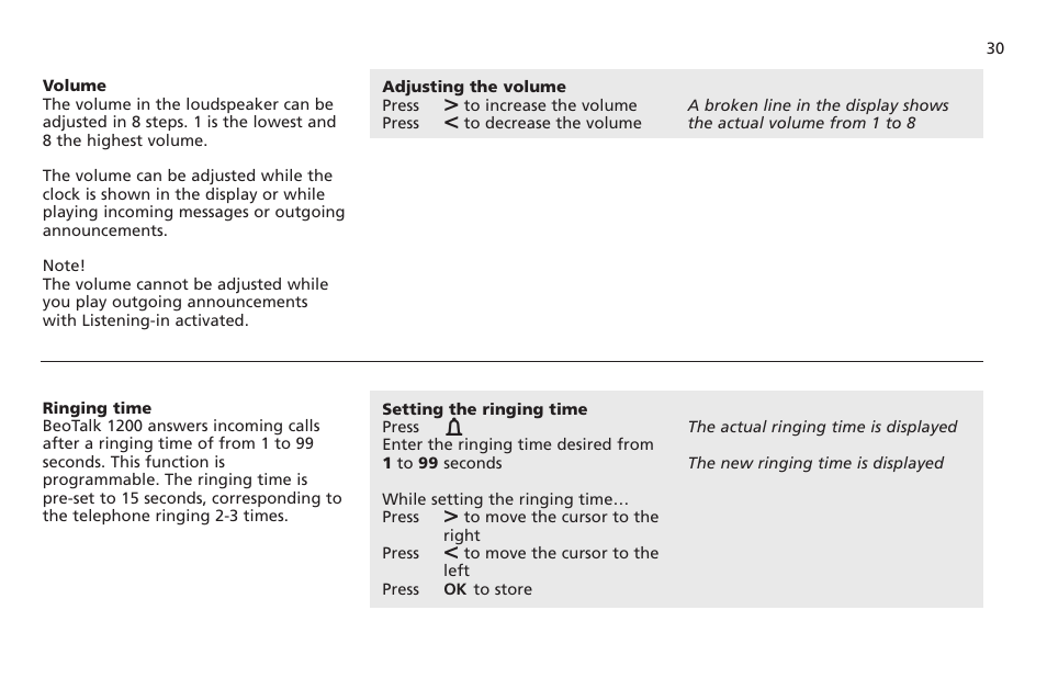 Volume, Ringing time | Bang & Olufsen BeoTalk 1200 - User Guide User Manual | Page 31 / 44