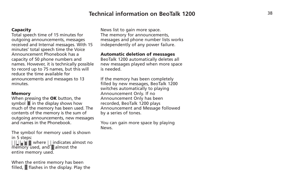 Technical information on beotalk 1200, Capacity, Memory | Automatic deletion of messages | Bang & Olufsen BeoTalk 1200 - User Guide User Manual | Page 39 / 44