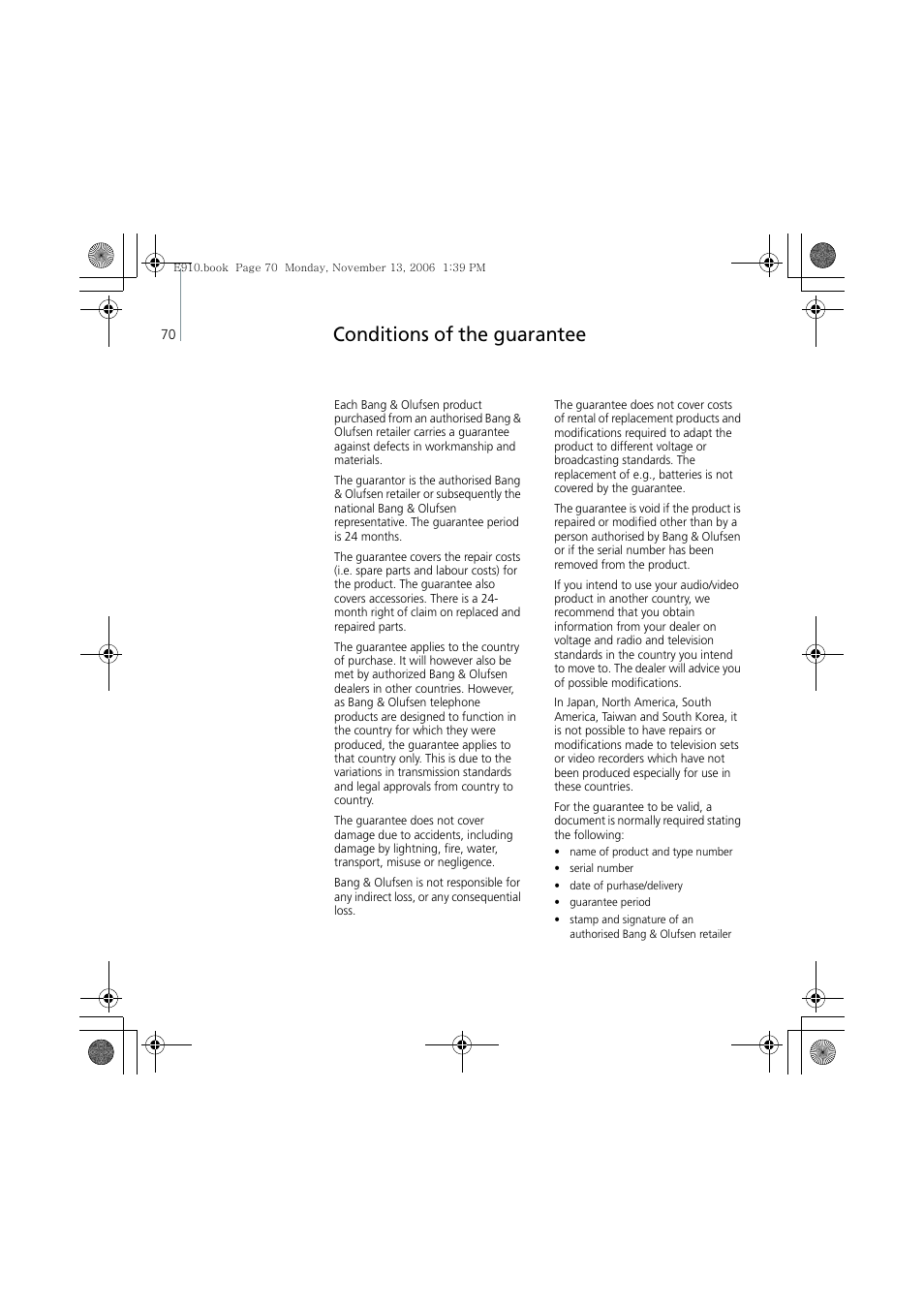 Conditions of the guarantee | Bang & Olufsen Serene - User Guide User Manual | Page 73 / 76