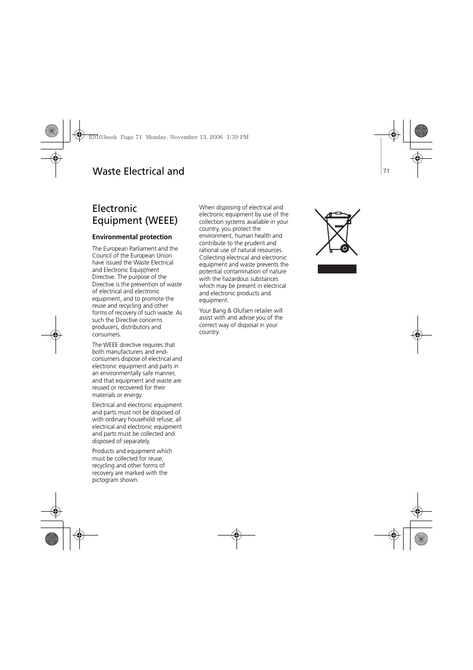 Waste electrical and electronic equipment (weee) | Bang & Olufsen Serene - User Guide User Manual | Page 74 / 76