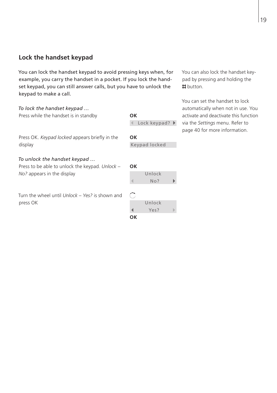 Lock the handset keypad | Bang & Olufsen BeoCom 6000 - User Guide User Manual | Page 19 / 56