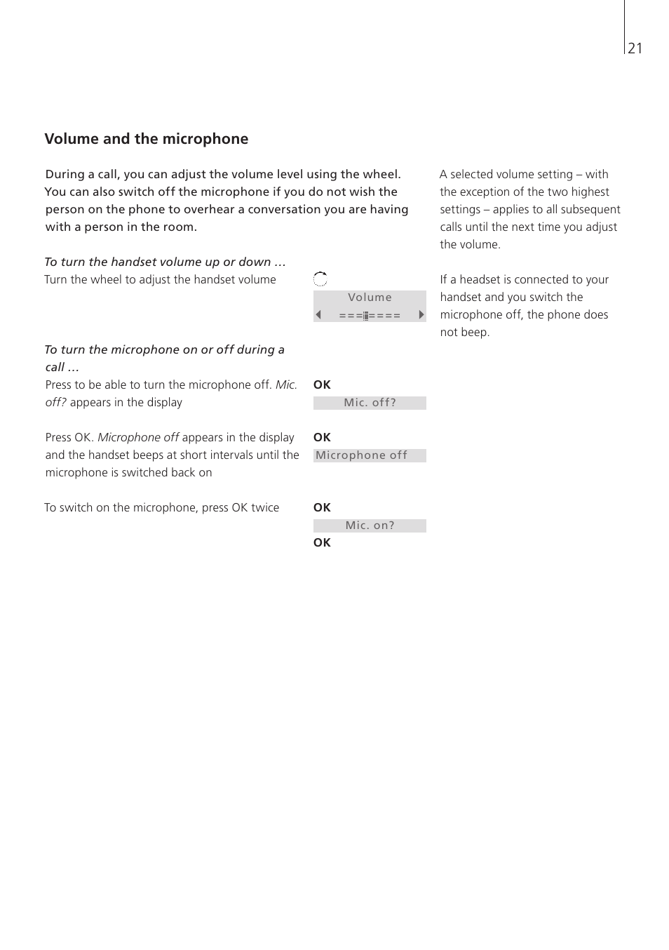 Volume and the microphone | Bang & Olufsen BeoCom 6000 - User Guide User Manual | Page 21 / 56