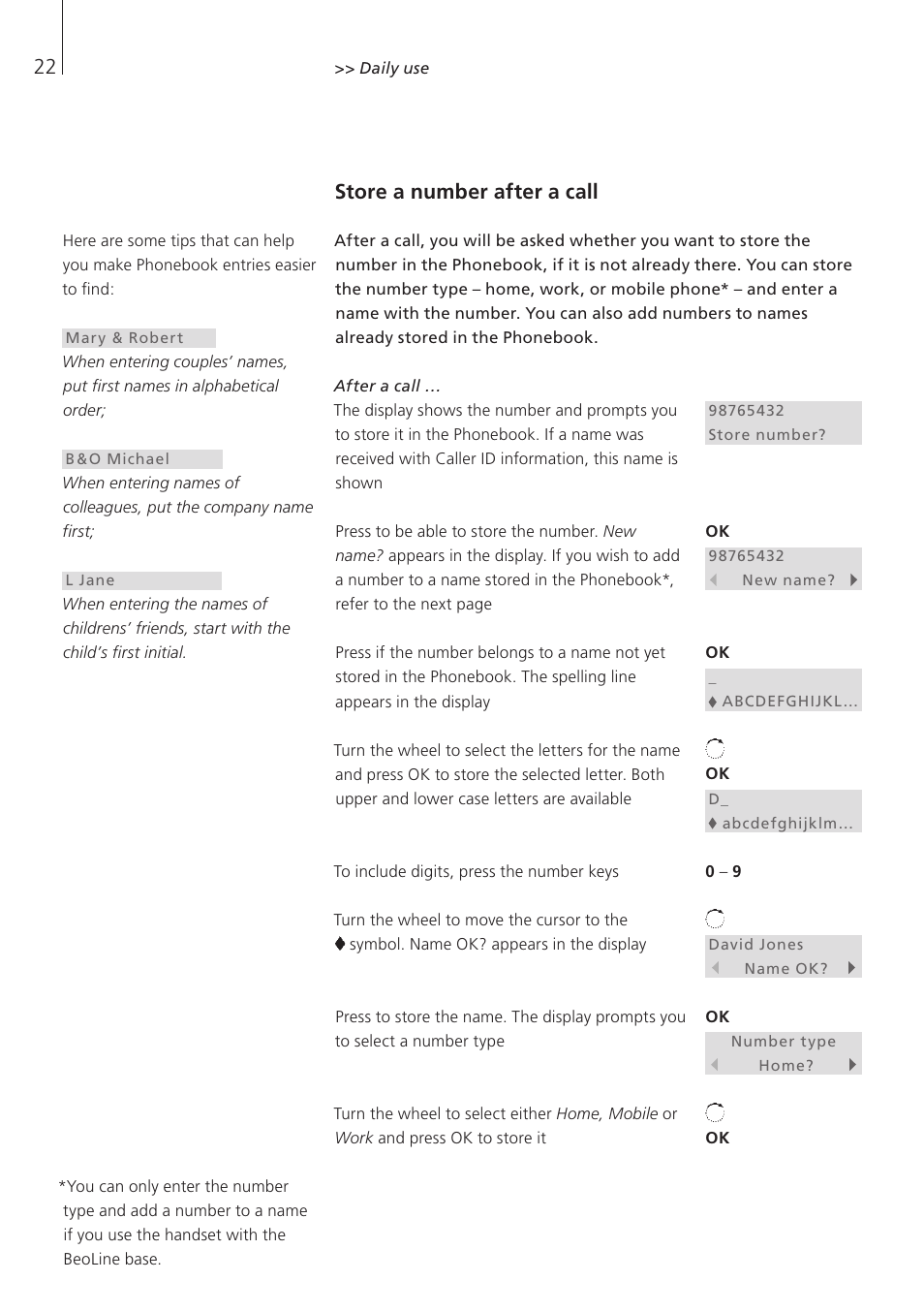 Store a number after a call | Bang & Olufsen BeoCom 6000 - User Guide User Manual | Page 22 / 56