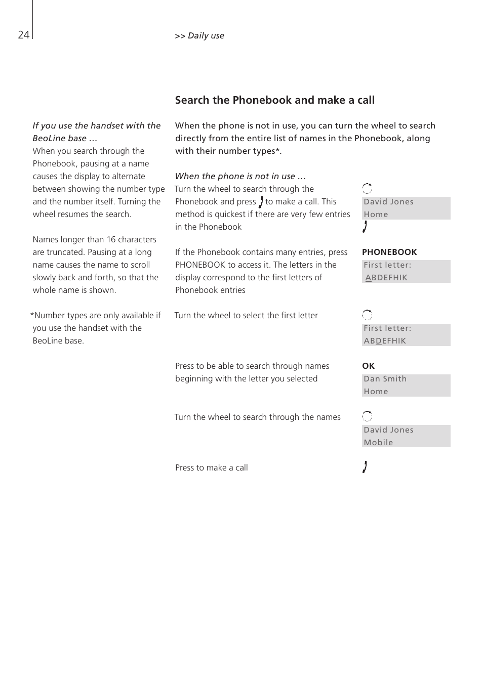 Search the phonebook and make a call | Bang & Olufsen BeoCom 6000 - User Guide User Manual | Page 24 / 56