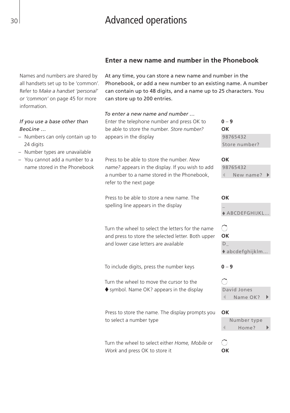 Advanced operations, Enter a new name and number in the phonebook | Bang & Olufsen BeoCom 6000 - User Guide User Manual | Page 30 / 56