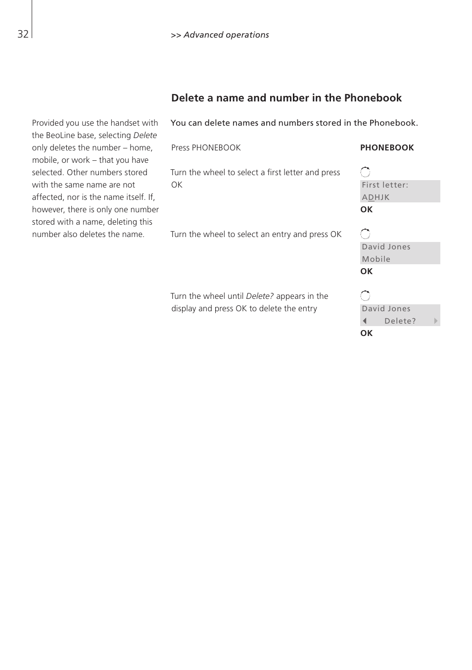 Delete a name and number in the phonebook | Bang & Olufsen BeoCom 6000 - User Guide User Manual | Page 32 / 56