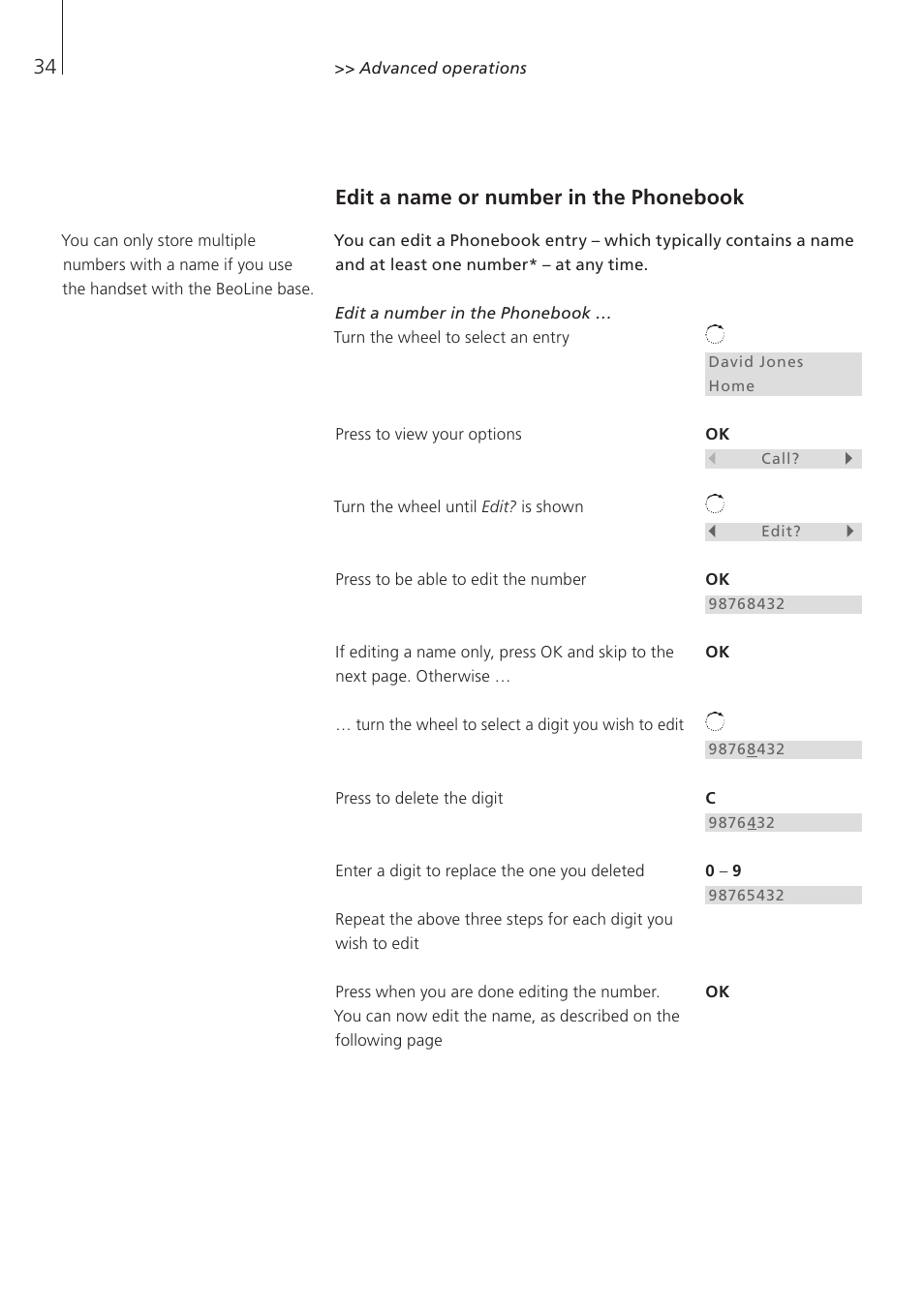 Edit a name or number in the phonebook | Bang & Olufsen BeoCom 6000 - User Guide User Manual | Page 34 / 56