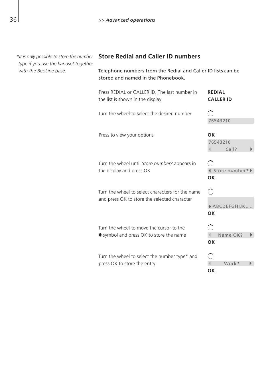 Store redial and caller id numbers | Bang & Olufsen BeoCom 6000 - User Guide User Manual | Page 36 / 56