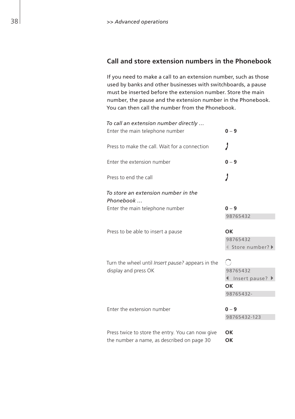 Call and store extension numbers in the phonebook | Bang & Olufsen BeoCom 6000 - User Guide User Manual | Page 38 / 56