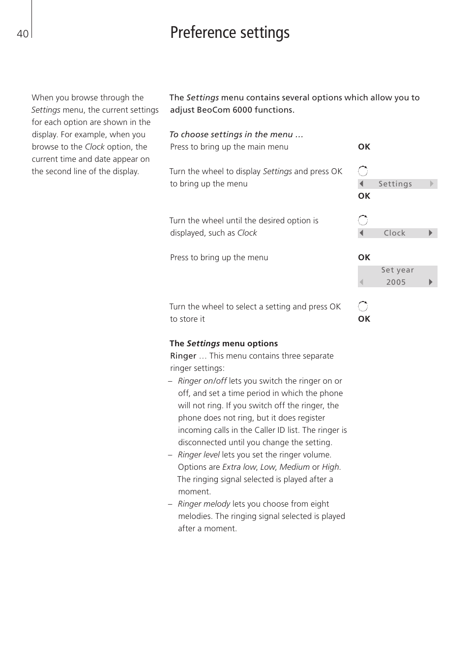 Preference settings | Bang & Olufsen BeoCom 6000 - User Guide User Manual | Page 40 / 56