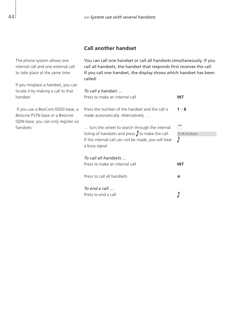 Call another handset | Bang & Olufsen BeoCom 6000 - User Guide User Manual | Page 44 / 56