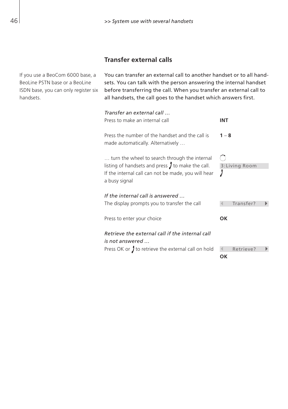 Transfer external calls | Bang & Olufsen BeoCom 6000 - User Guide User Manual | Page 46 / 56