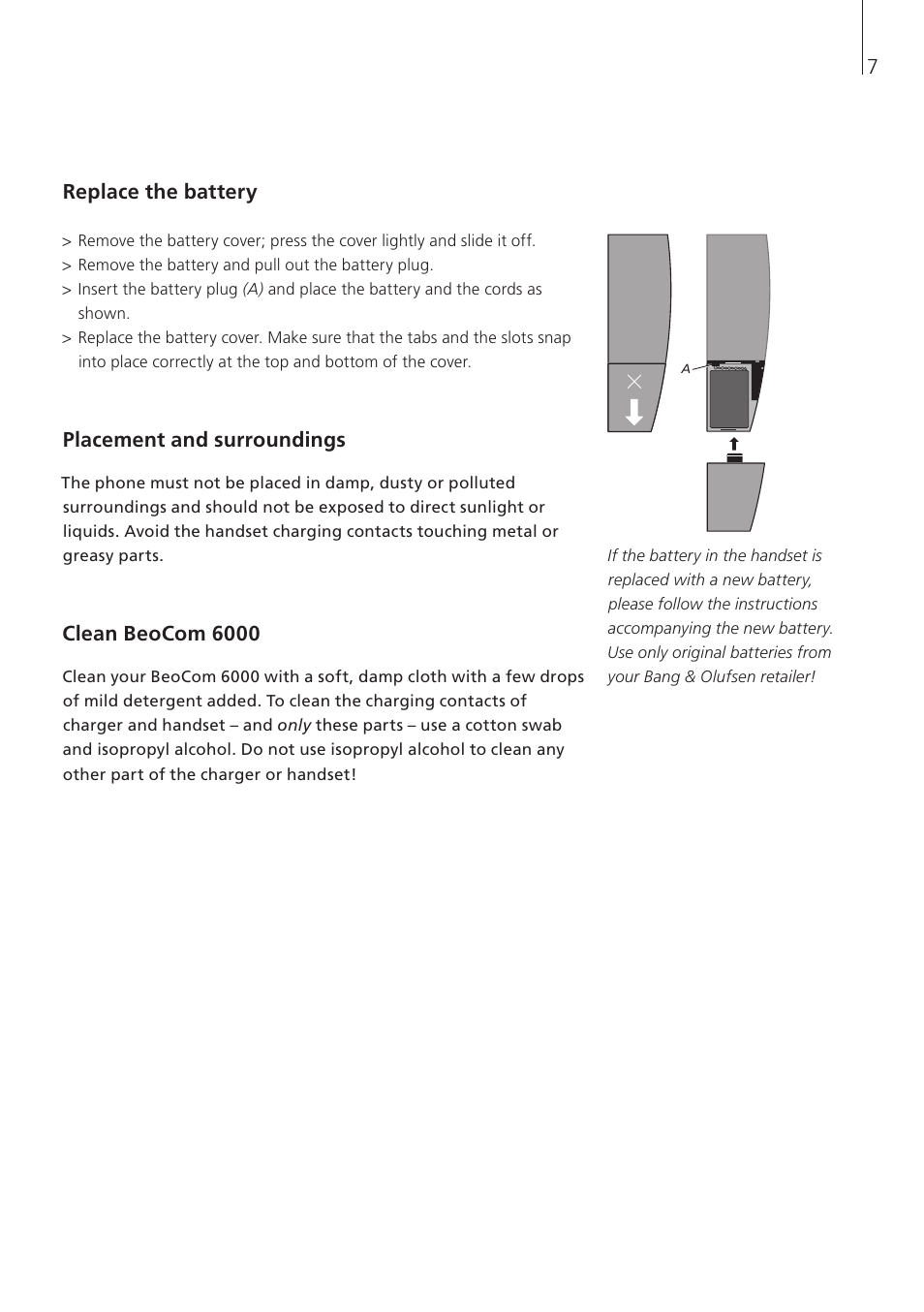 Replace the battery, Placement and surroundings, Clean beocom 6000 | Bang & Olufsen BeoCom 6000 - User Guide User Manual | Page 7 / 56