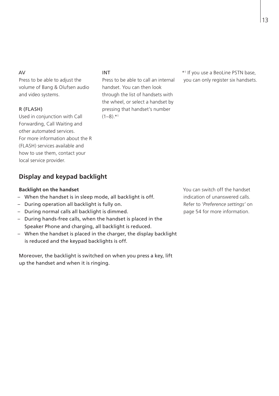 Display and keypad backlight | Bang & Olufsen BeoCom 5 - User Guide User Manual | Page 13 / 76
