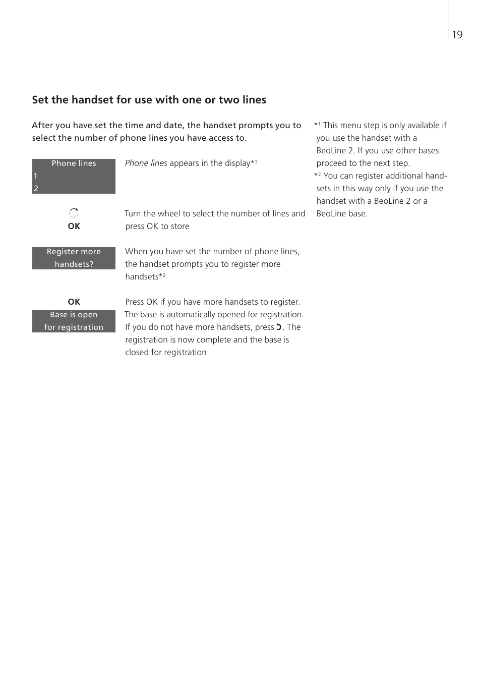 Set the handset for use with one or two lines | Bang & Olufsen BeoCom 5 - User Guide User Manual | Page 19 / 76