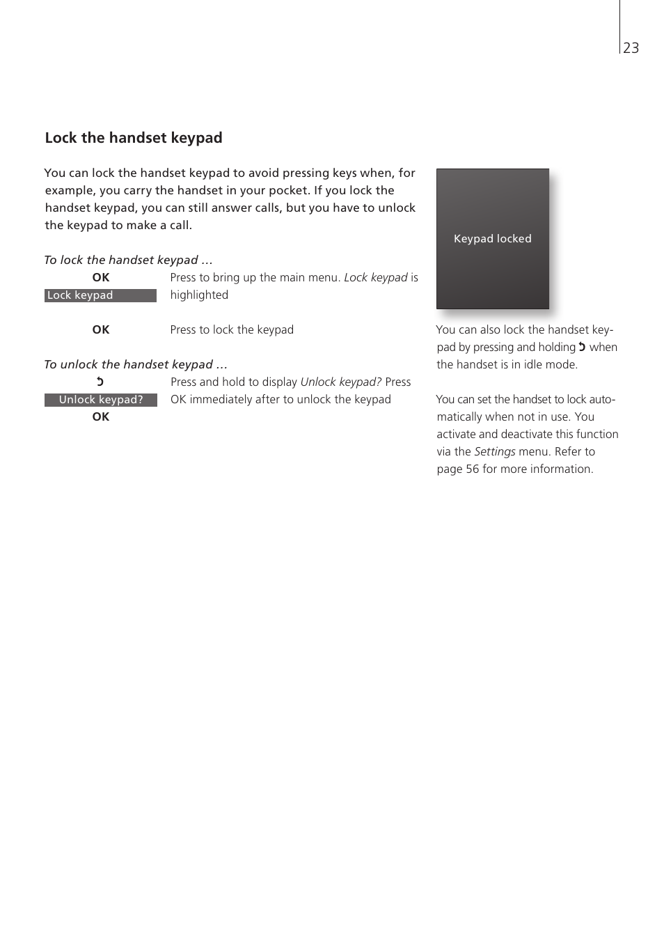 Lock the handset keypad | Bang & Olufsen BeoCom 5 - User Guide User Manual | Page 23 / 76
