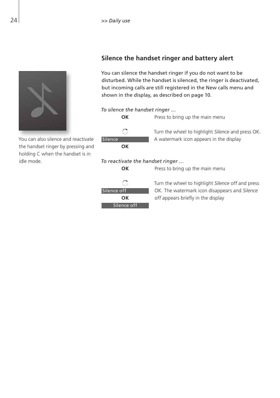 Silence the handset ringer and battery alert | Bang & Olufsen BeoCom 5 - User Guide User Manual | Page 24 / 76