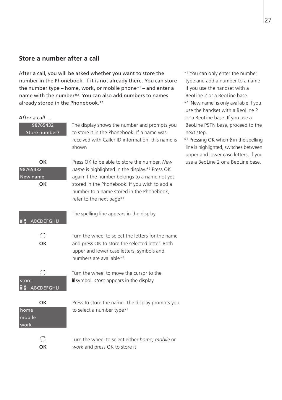 Store a number after a call | Bang & Olufsen BeoCom 5 - User Guide User Manual | Page 27 / 76