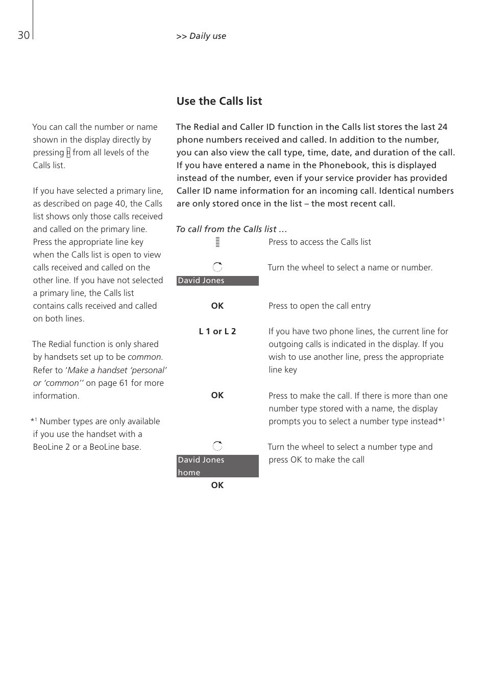 Use the calls list | Bang & Olufsen BeoCom 5 - User Guide User Manual | Page 30 / 76