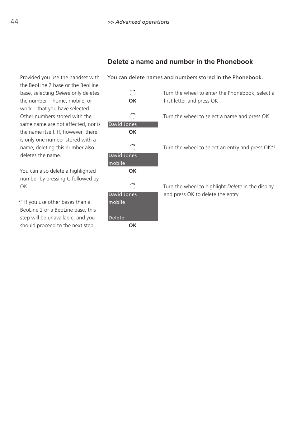 Delete a name and number in the phonebook | Bang & Olufsen BeoCom 5 - User Guide User Manual | Page 44 / 76