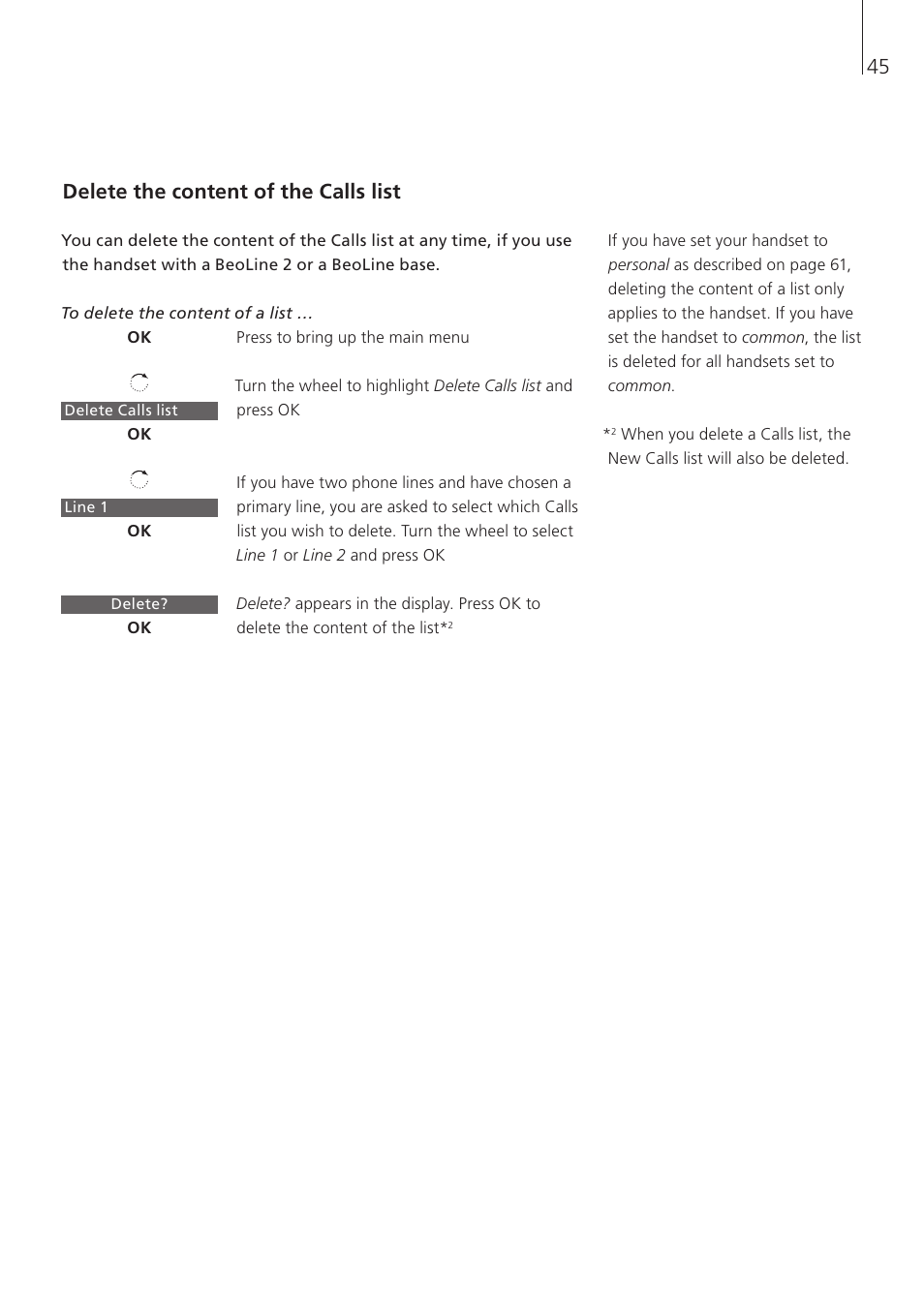 Delete the content of the calls list | Bang & Olufsen BeoCom 5 - User Guide User Manual | Page 45 / 76