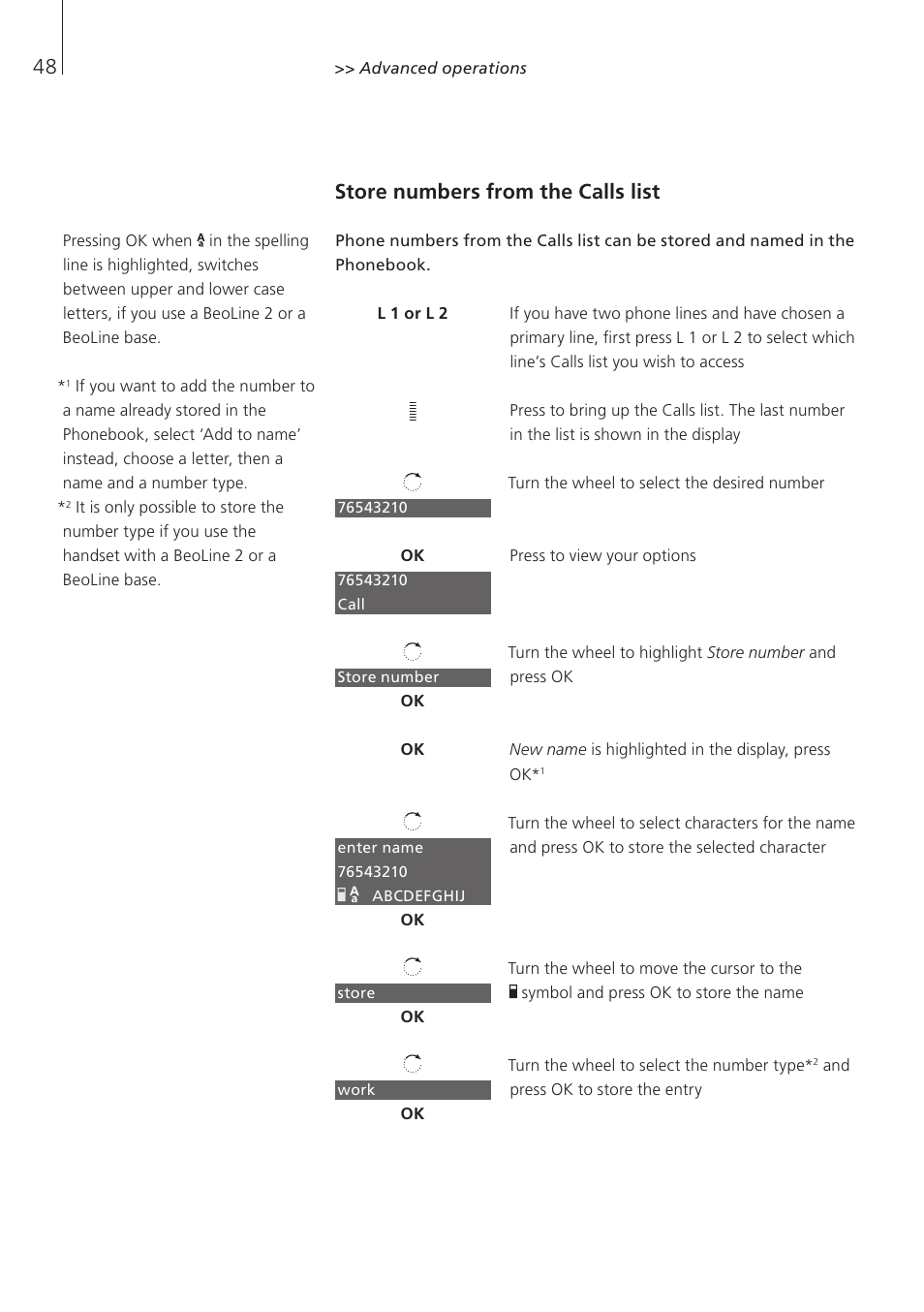 Store numbers from the calls list | Bang & Olufsen BeoCom 5 - User Guide User Manual | Page 48 / 76