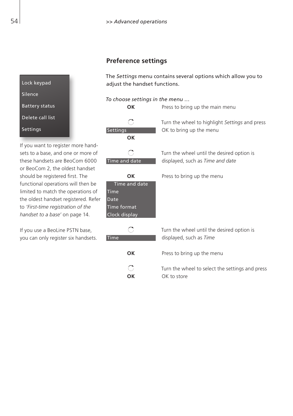 Preference settings | Bang & Olufsen BeoCom 5 - User Guide User Manual | Page 54 / 76