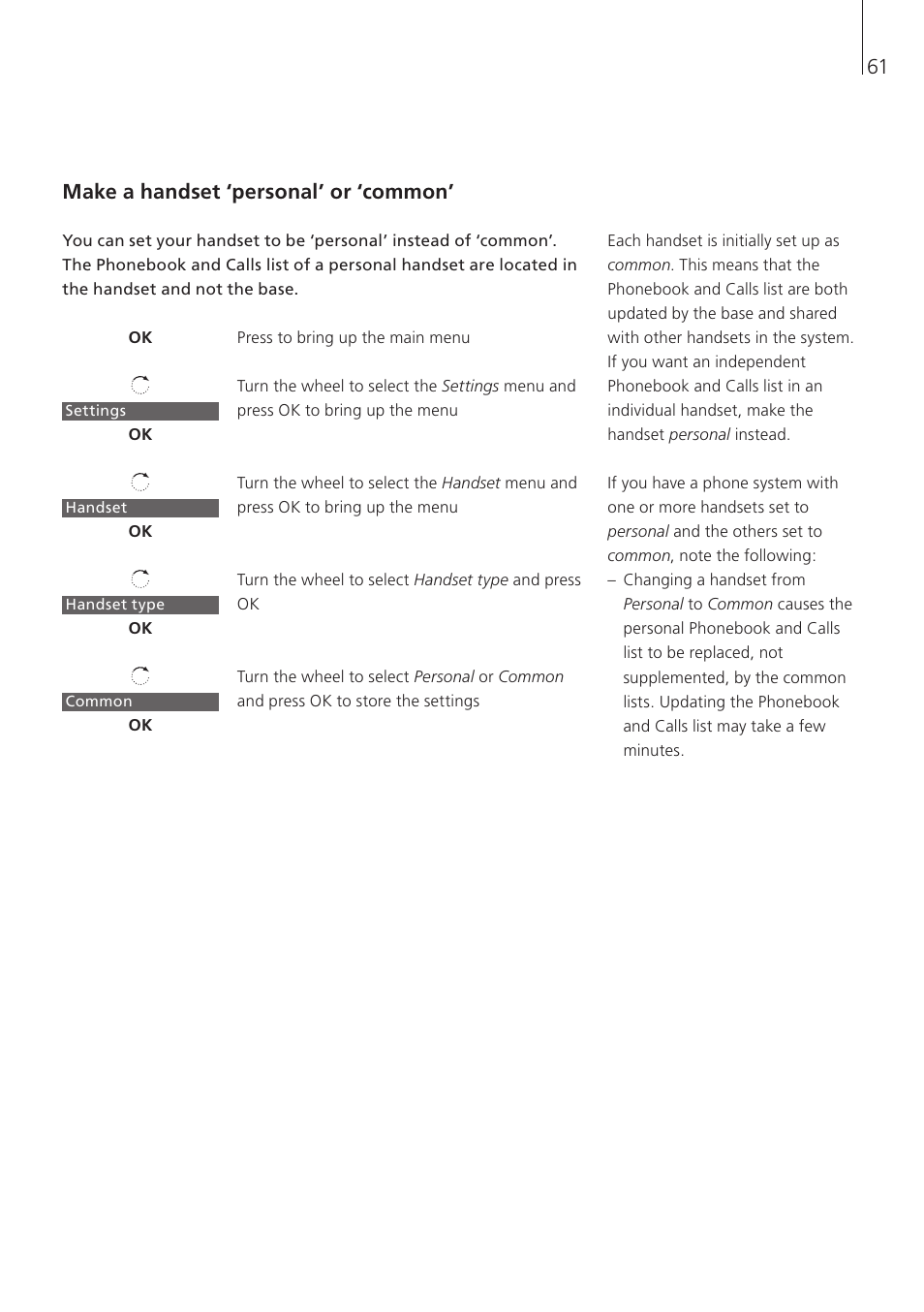 Make a handset ‘personal’ or ‘common | Bang & Olufsen BeoCom 5 - User Guide User Manual | Page 61 / 76