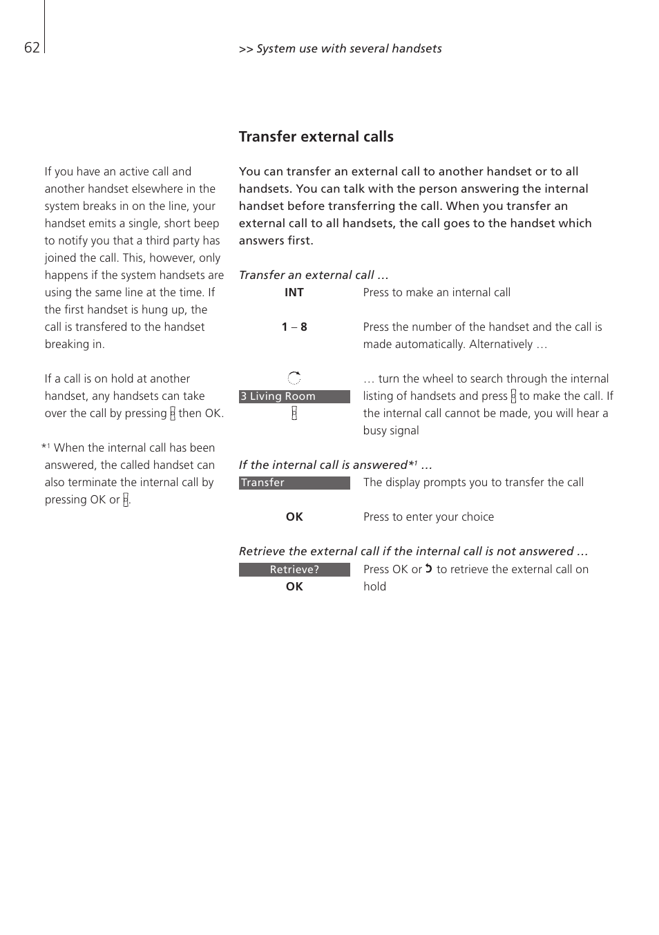 Transfer external calls | Bang & Olufsen BeoCom 5 - User Guide User Manual | Page 62 / 76