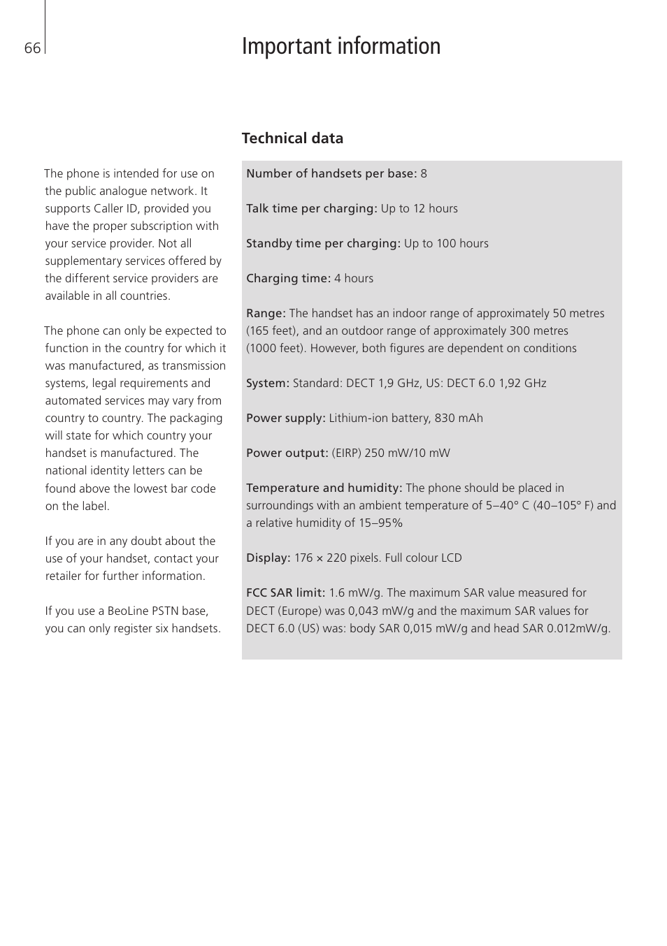 Important information | Bang & Olufsen BeoCom 5 - User Guide User Manual | Page 66 / 76