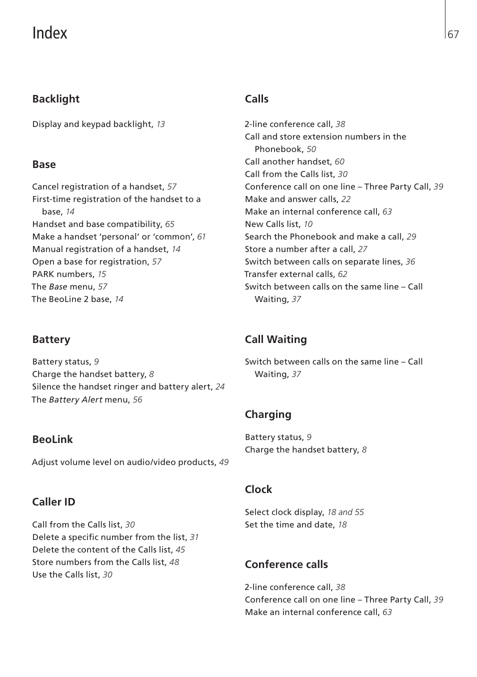 Index | Bang & Olufsen BeoCom 5 - User Guide User Manual | Page 67 / 76
