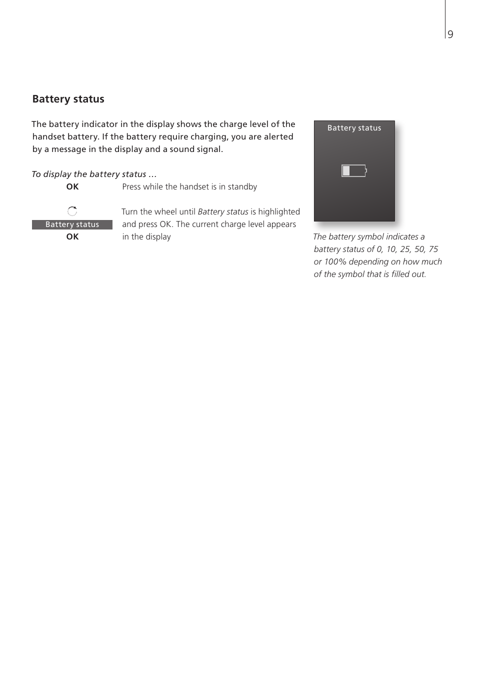 Battery status | Bang & Olufsen BeoCom 5 - User Guide User Manual | Page 9 / 76