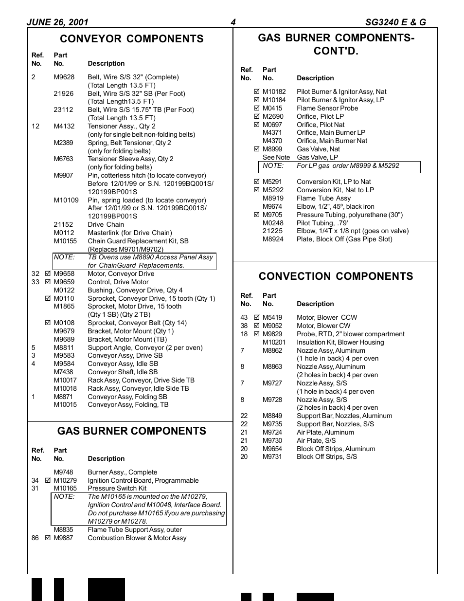 Conveyor components, Gas burner components, Gas burner components- cont'd | Convection components | Blodgett SG3240E User Manual | Page 4 / 7