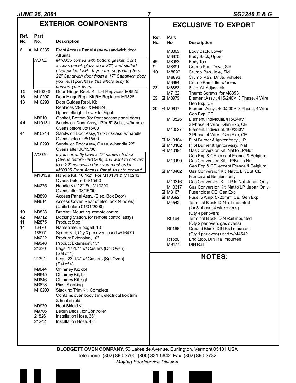 Exterior components, Exclusive to export | Blodgett SG3240E User Manual | Page 7 / 7