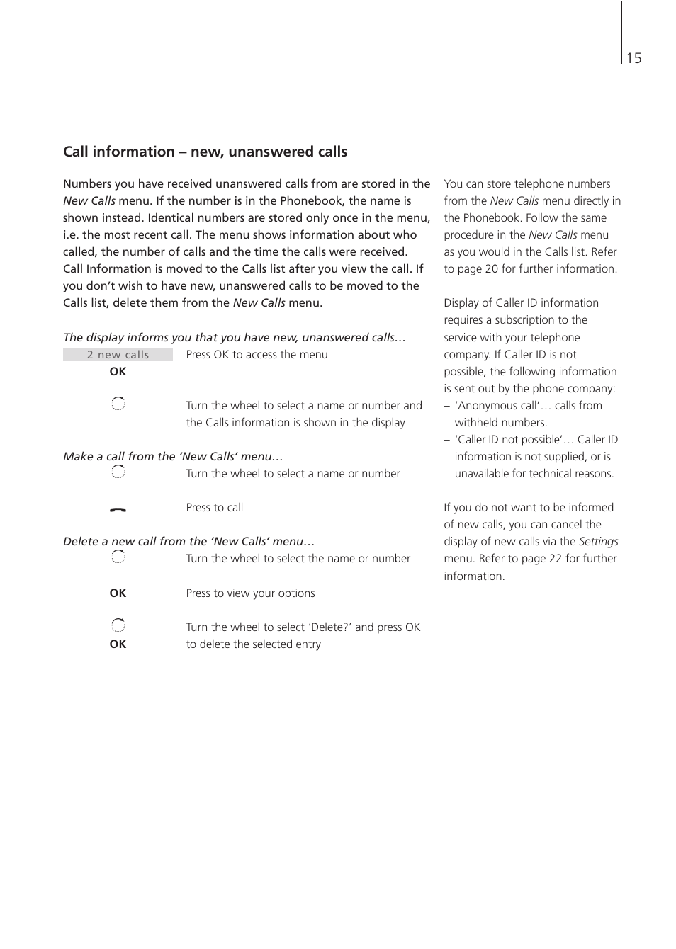 15 call information – new, unanswered calls | Bang & Olufsen BeoCom 4 - User Guide User Manual | Page 15 / 32