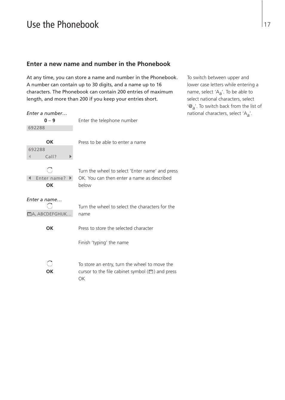 Use the phonebook, 17 enter a new name and number in the phonebook | Bang & Olufsen BeoCom 4 - User Guide User Manual | Page 17 / 32