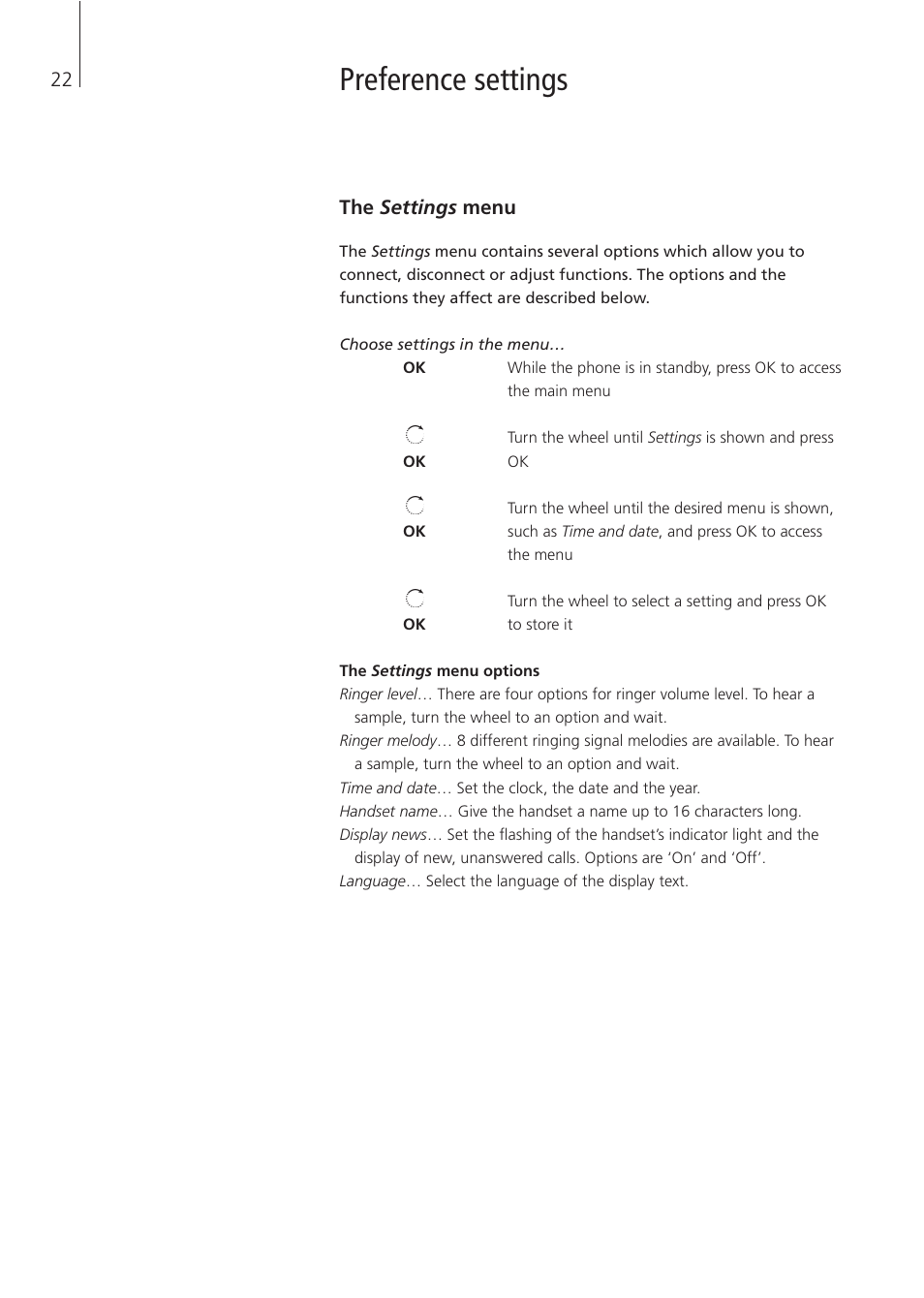 Preference settings | Bang & Olufsen BeoCom 4 - User Guide User Manual | Page 22 / 32