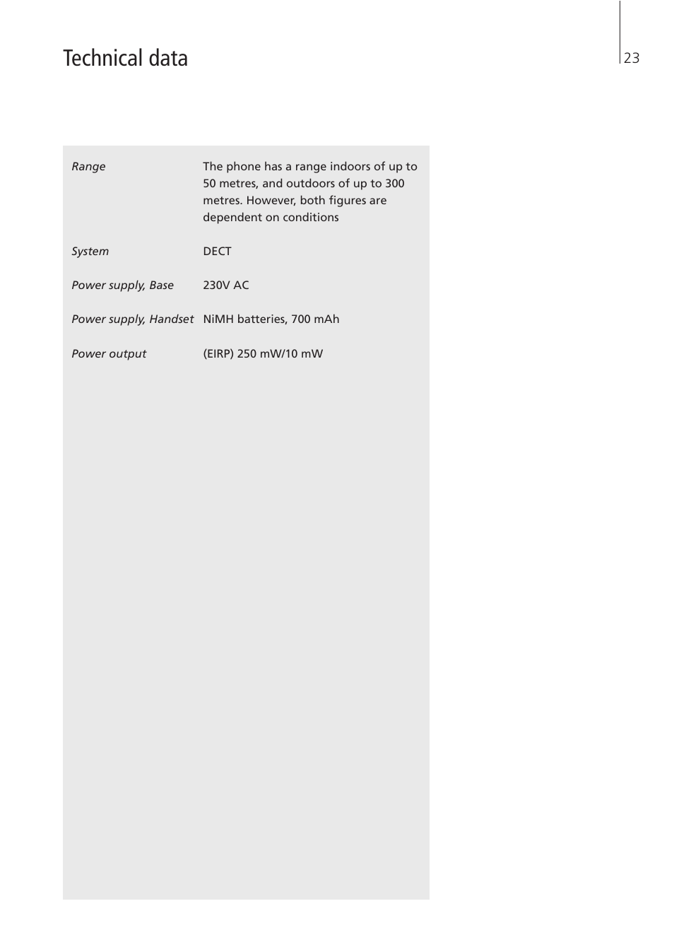 Technical data | Bang & Olufsen BeoCom 4 - User Guide User Manual | Page 23 / 32