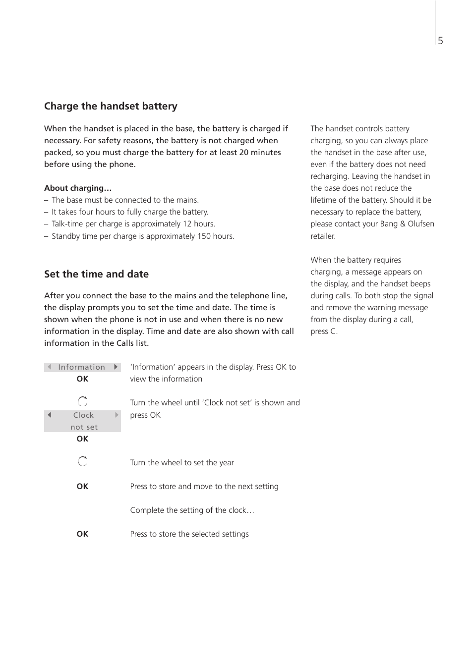 5charge the handset battery, Set the time and date | Bang & Olufsen BeoCom 4 - User Guide User Manual | Page 5 / 32