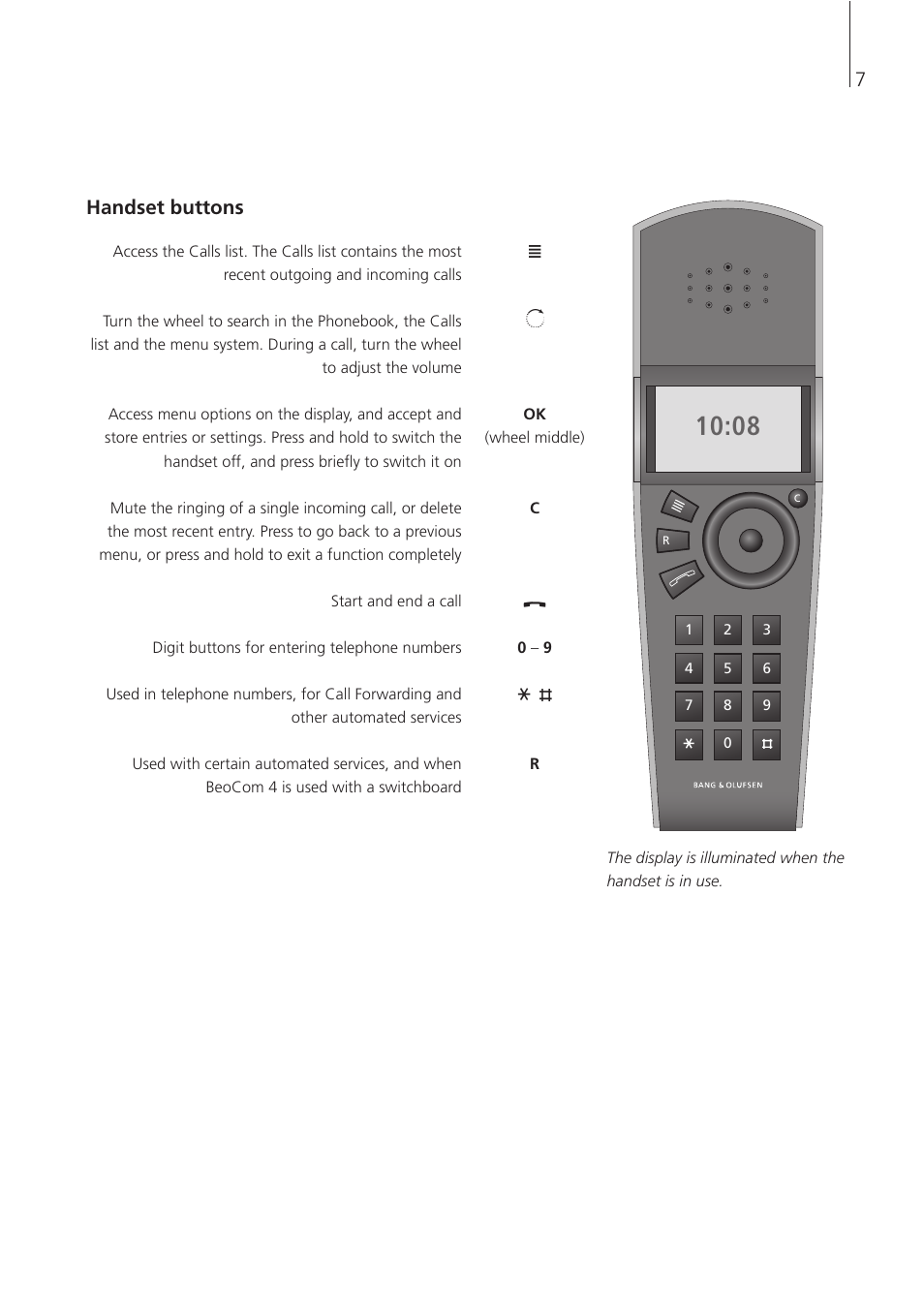 7handset buttons | Bang & Olufsen BeoCom 4 - User Guide User Manual | Page 7 / 32