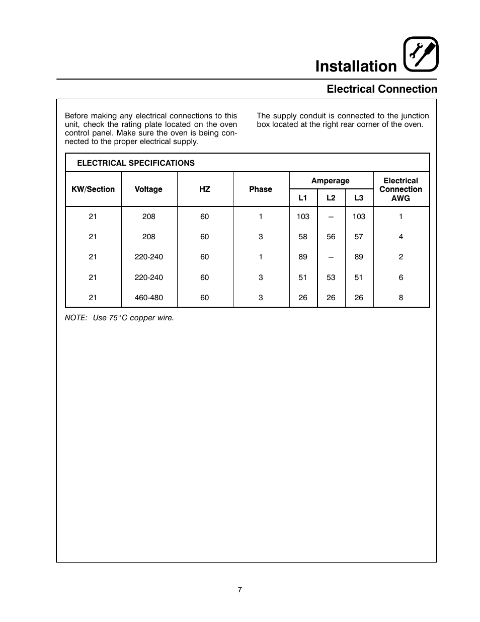 Installation, Electrical connection | Blodgett RE Series User Manual | Page 11 / 19