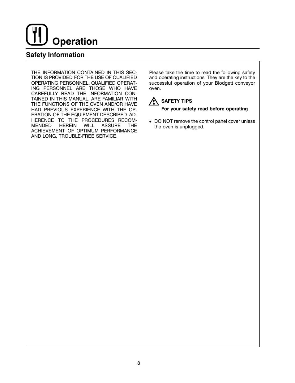 Operation, Safety information | Blodgett RE Series User Manual | Page 12 / 19