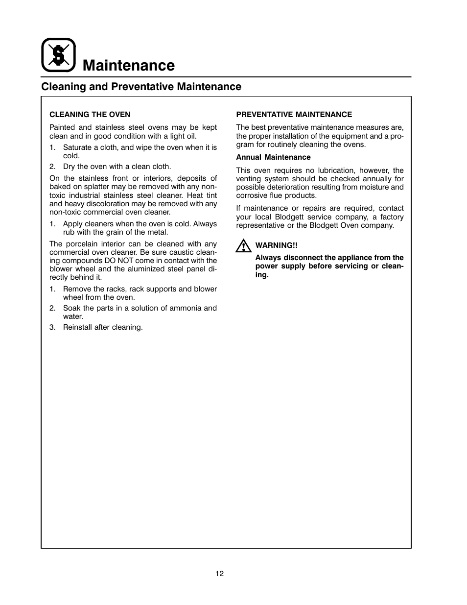 Maintenance, Cleaning and preventative maintenance | Blodgett RE Series User Manual | Page 16 / 19